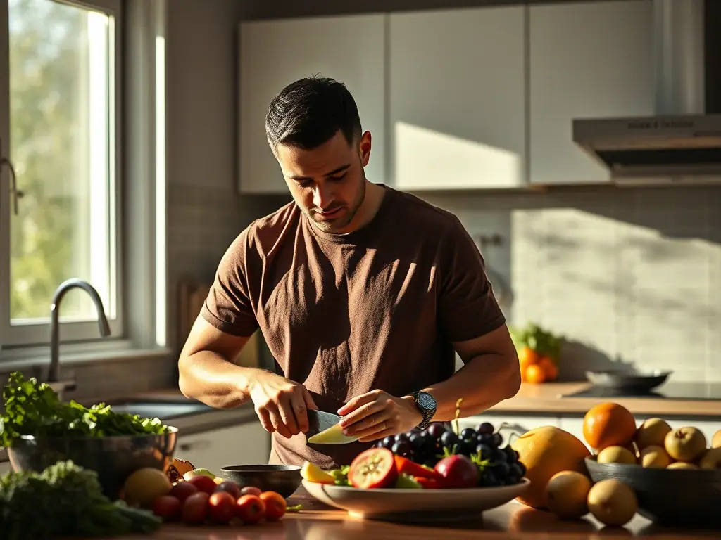 Una imagen de un hombre preparando una comida saludable que incluye frutas secas, mostrando cómo incorporarlas fácilmente en la dieta diaria.