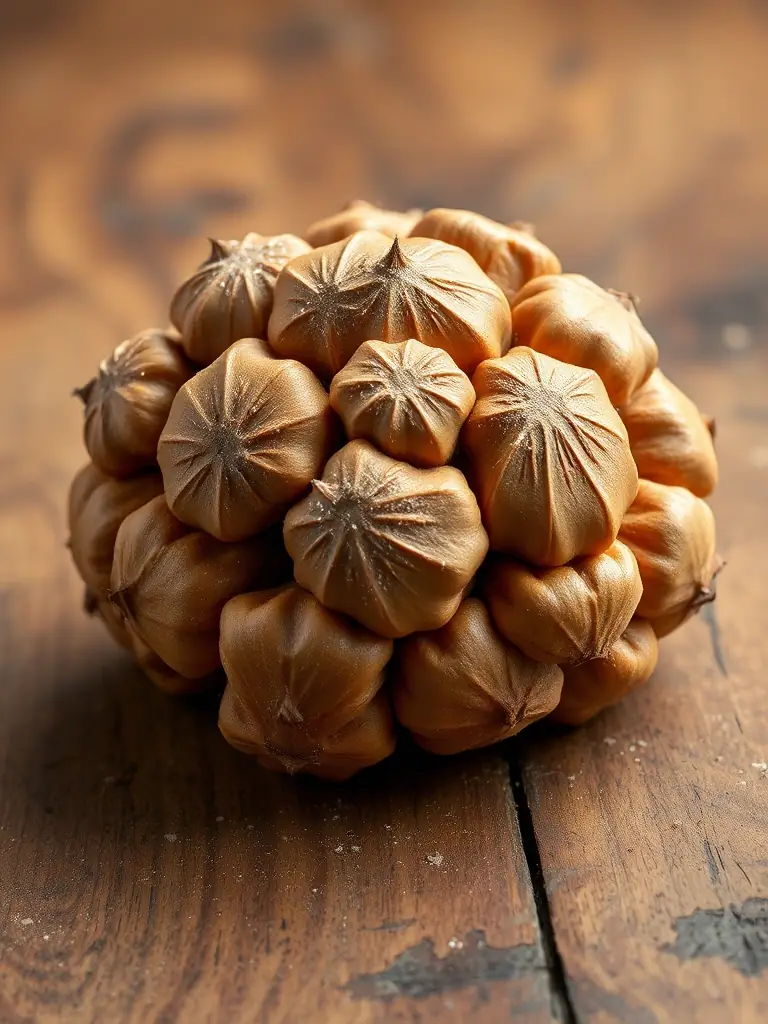 A detailed shot of a handful of walnuts, emphasizing their unique shape and texture, placed on a rustic wooden table to give a natural feel.