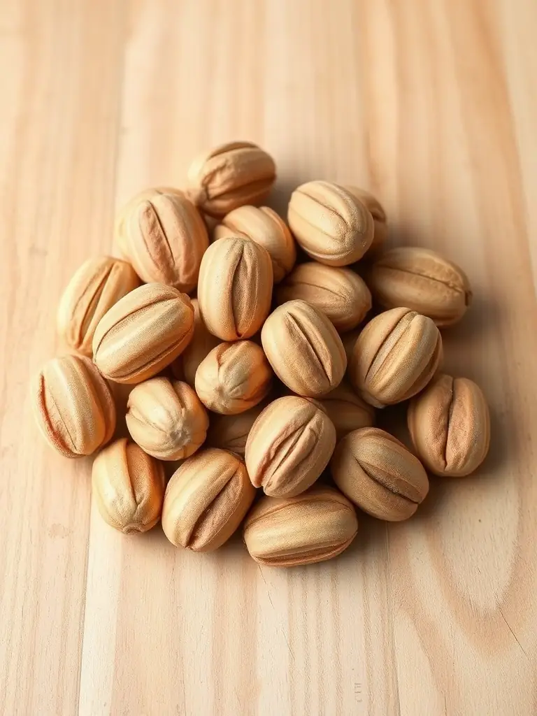 Close-up shot of a handful of almonds, showcasing their texture and natural color, placed on a wooden surface with a slightly blurred background to emphasize the almonds.