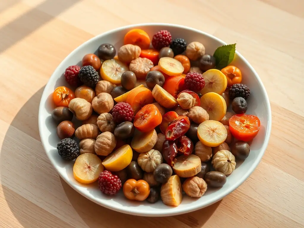 Una imagen de un plato con diferentes tipos de frutas secas, como dátiles, nueces y almendras, resaltando su valor nutricional.